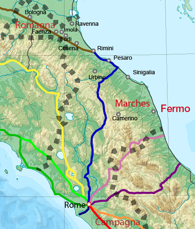 Map showing the location of Fermo in relation to Senigaglia.